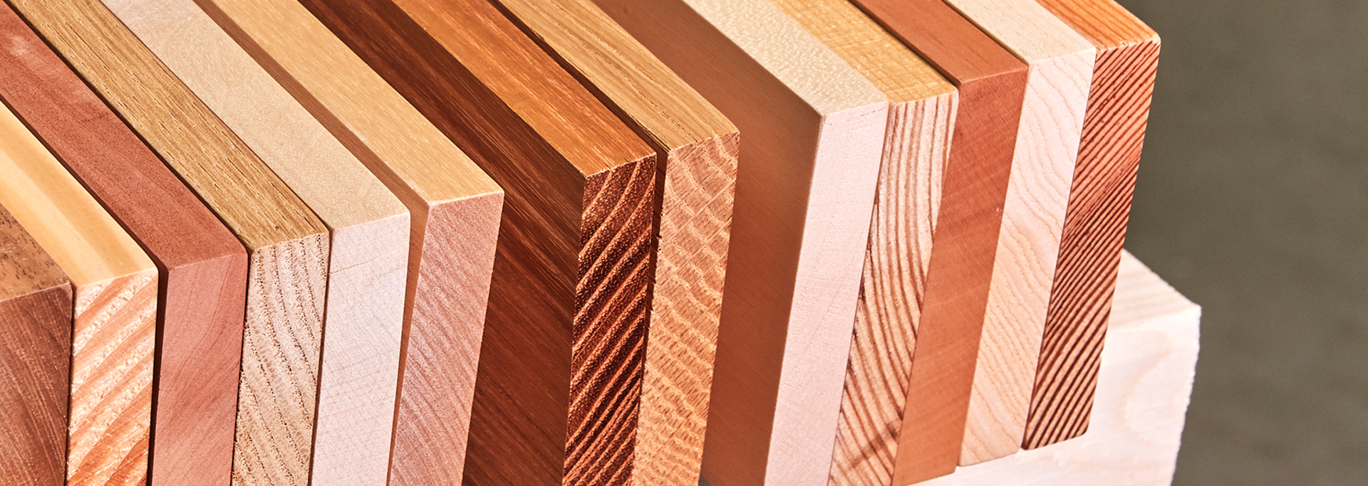 Patterns of different types of wood arranged side by side demonstrate the diversity of wood.