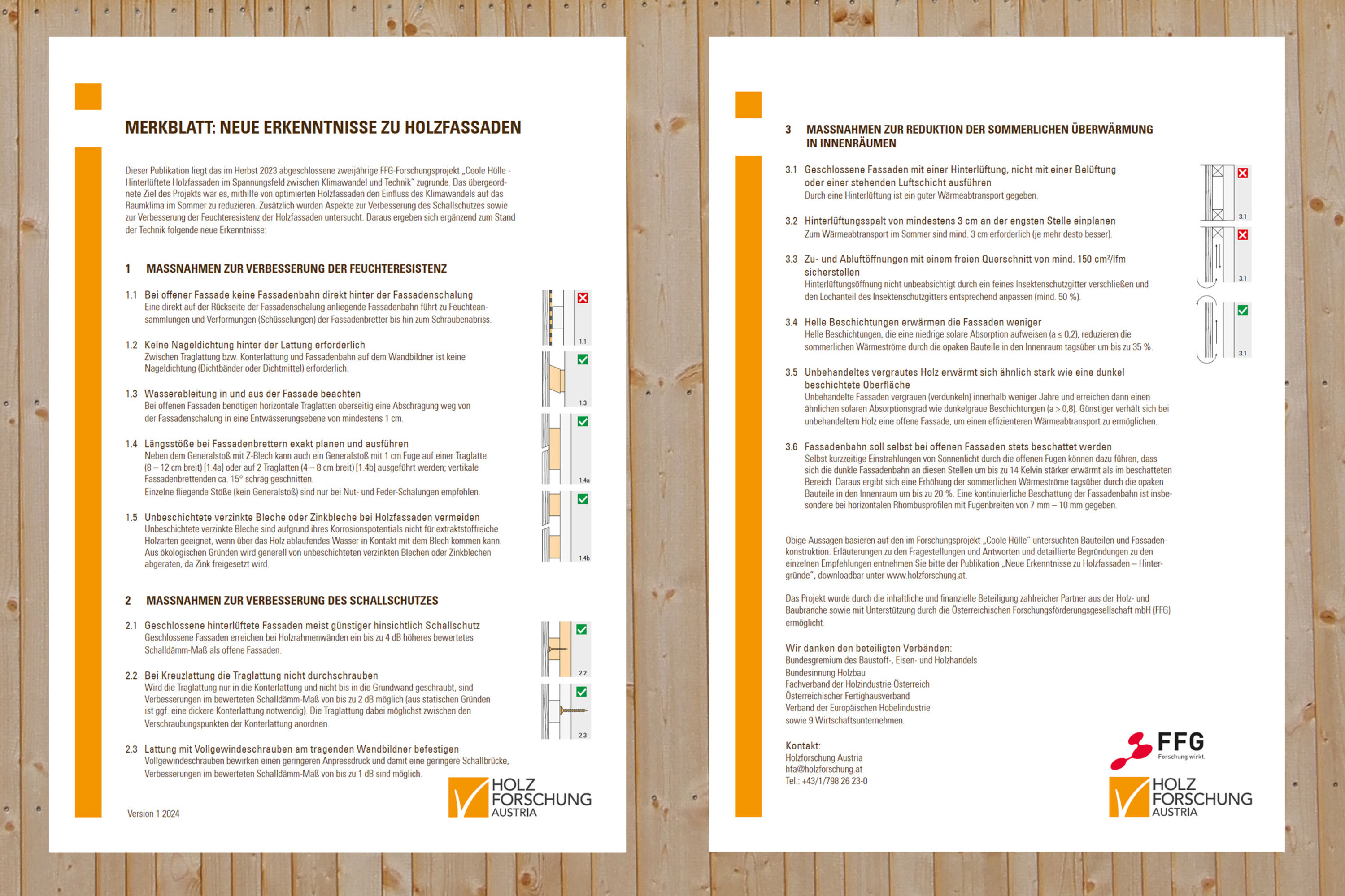 Front and back of the information sheet for wooden façades.