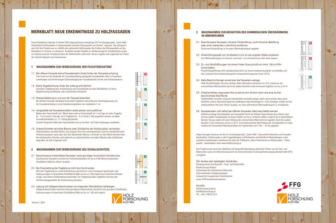 Front and back of the information sheet for wooden façades.